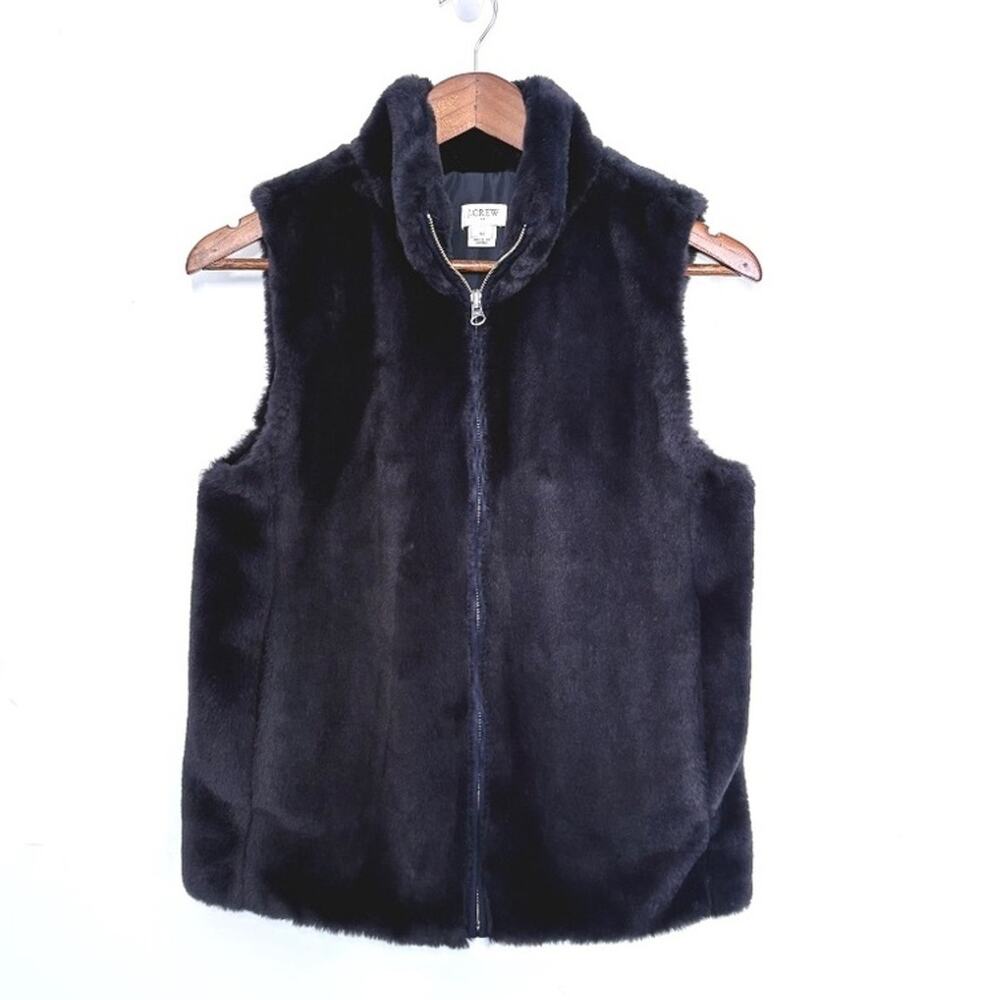 J Crew Faux Fur Vest Womens XS Navy Blue Full Zip Pockets Soft Quiet Luxury